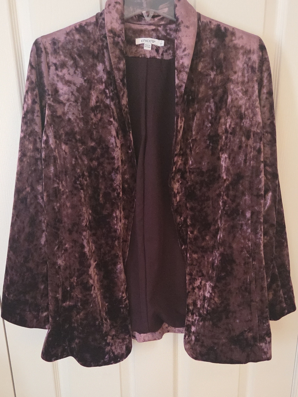 Chico's Velvety Open-Front Blazer in Plum